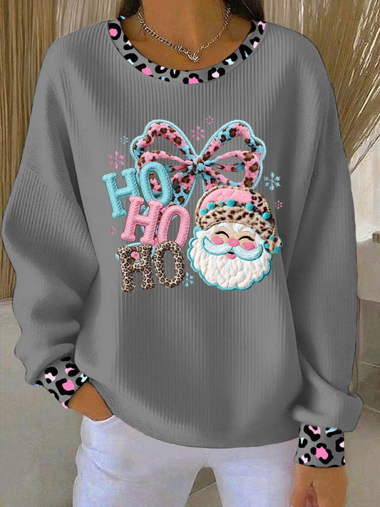 Women's Santa Claus pink and blue leopard print Ribbed Round-Neck Sweatshirt