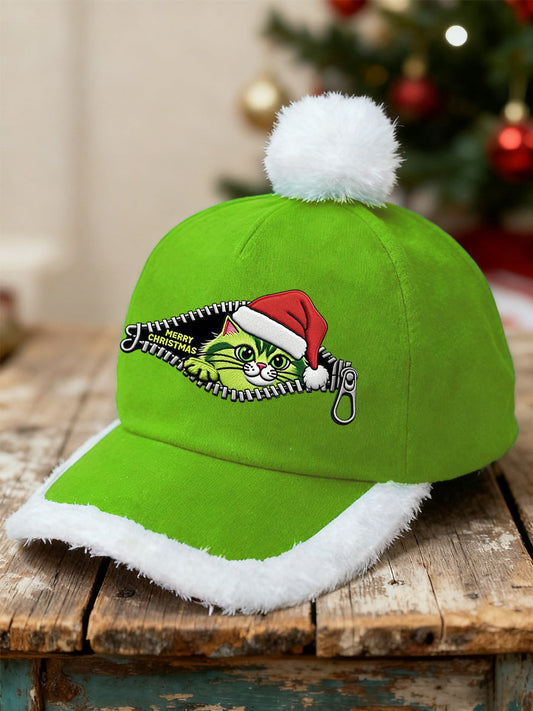 Unisex Funny Cute Christmas Grinch Cat Print Plush Patchwork Hat