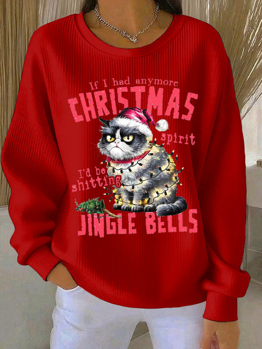 Women's Christmas cat print Ribbed Round-Neck Sweatshirt