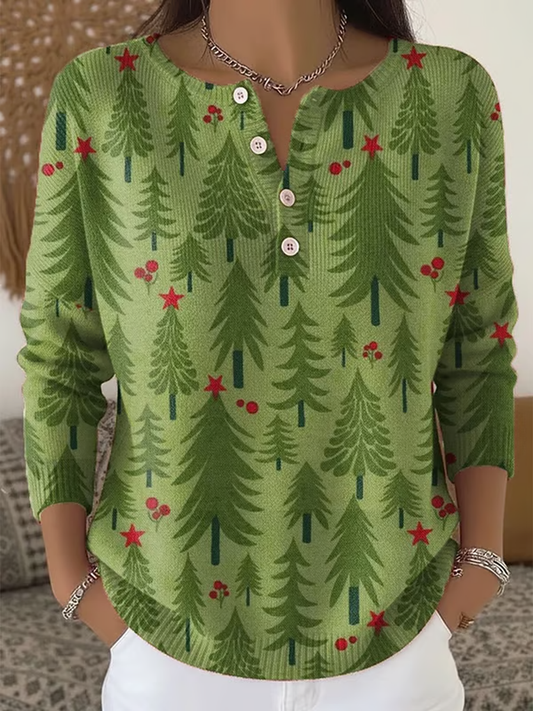 Women's Christmas Print Knit Button Top