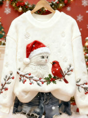 Women's Cute Christmas Cat Art Print Casual Flannel Sweater
