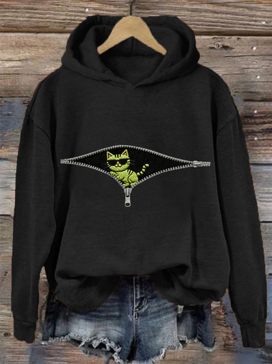 Women's Christmas Grinch Cat Print Casual Hoodie