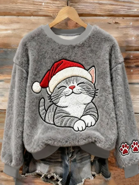Women's Christmas Cute Cat  Art Flannel Sweatshirt