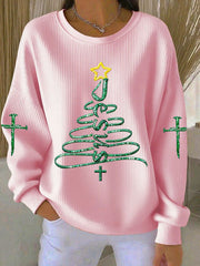 Women's Jesus Christmas Tree Ribbed Round-Neck Sweatshirt