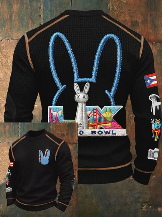 Men's Bunny Football Music Lover Printed Waffle Long Sleeve T-Shirt
