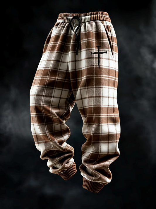 Men's Retro Plaid Faith Print Casual Knit Pants