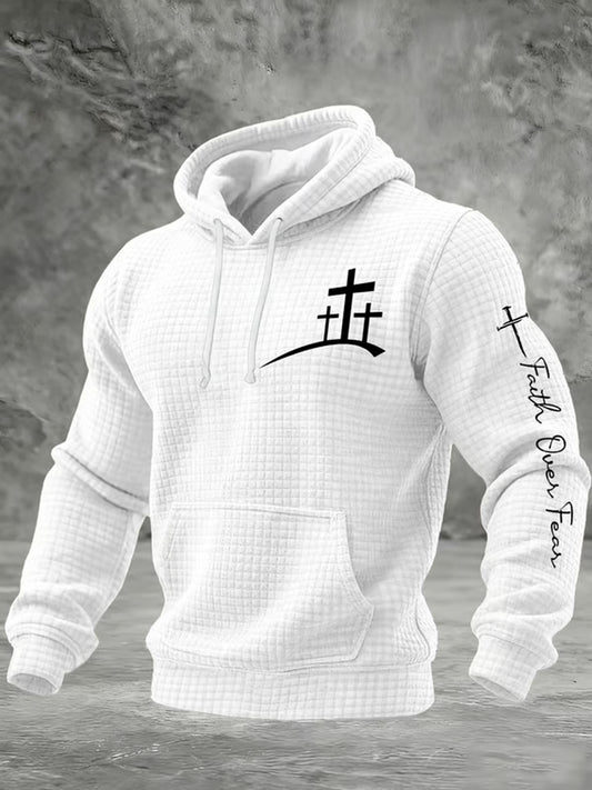 Men's Faith Over Fear Faith Cross  Checkered Cotton Hoodie