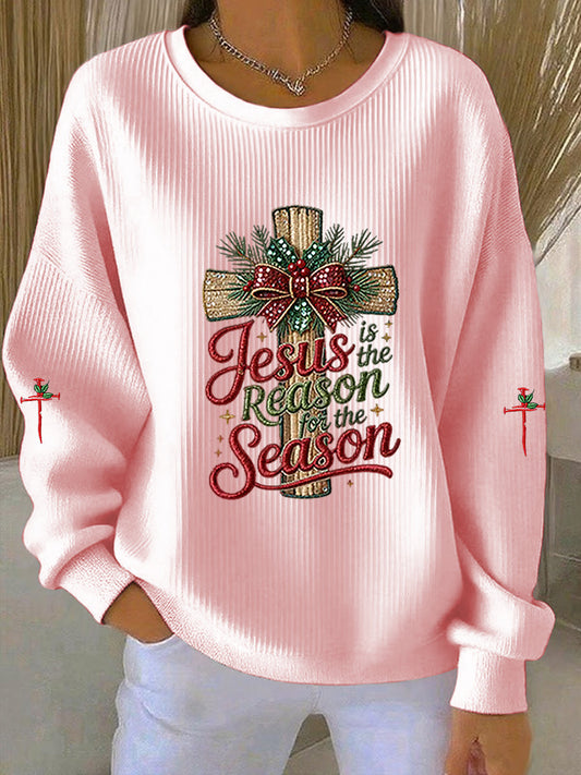 Women's esus Is The Reason For The Season Cross Ribbed Round-Neck Sweatshirt