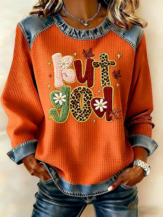Women's Thanksgiving But God Printed Denim Patchwork Waffle Top
