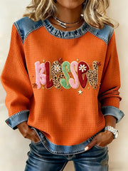 Women's Blessed Thanksgiving Printed Denim Patchwork Waffle Top