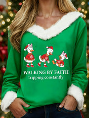 Women's Funny Christmas Goose Walking By Faith Tripping Constantly Print Casual Fur-Collar Top