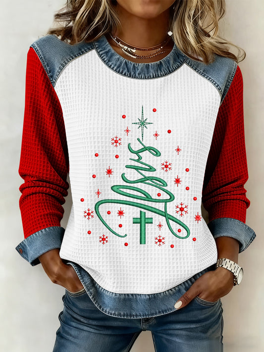 Women's Merry Christmas Jesus Cross Christmas Tree Art  Printed Casual Waffle Top