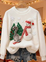 Women's Cute Christmas Cat Snowman Art Print Casual Flannel