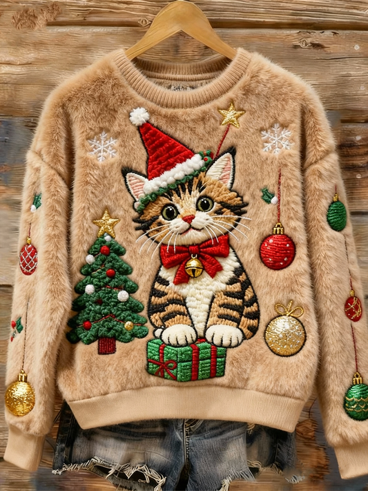 Women's Christmas tree and cat print Flannel Hoodie