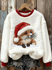 Women's Cute Christmas Fox  Art Print Casual Flannel Sweatshirt