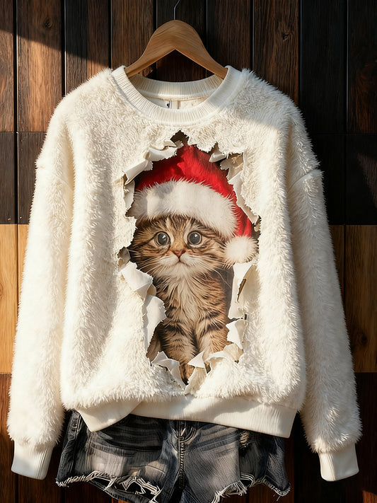 Women's Cute Christmas Cat Art Print Casual Flannel Sweatshirt