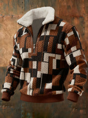 Men's Retro Pattern Print Casual Fur Collar Zip-Up Jacket