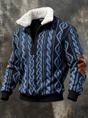 Men's Retro Color Block Print Casual Fur Collar Zip-up Hoodie