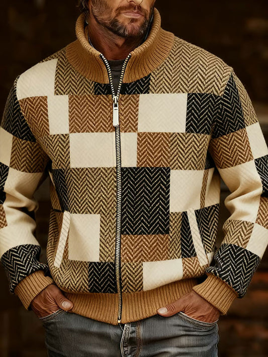 Men's Retro Casual Plaid Printed Fur Collar Zip-Up Jacket