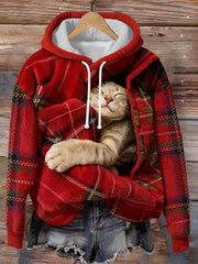 Women's Cute Cat Art Print Casual Flannel Sweatshirt