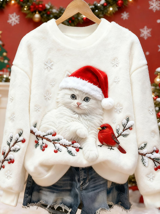 Women's Cute Christmas Cat Art Print Casual Flannel Sweatshirt