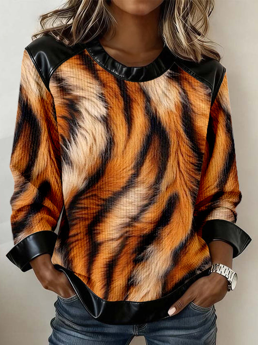 Women's Vintage Leopard Pattern Leather Patchwork Sweatshirt