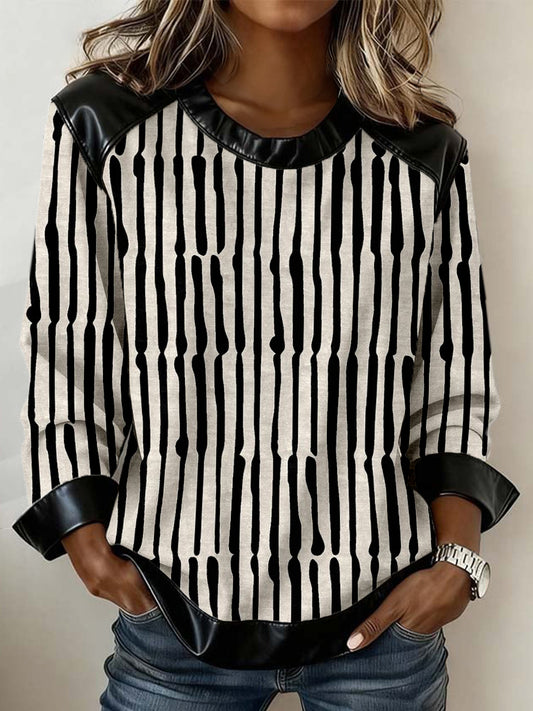 Women's Abstract Art Line Print Leather Patchwork Sweatshirt