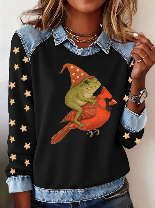 Women's Frog Cardinal Christmas Art Print Sweatshirt
