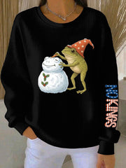 Women's Frog Snowman Christmas Art Print Ribbed Round-Neck Sweatshirt