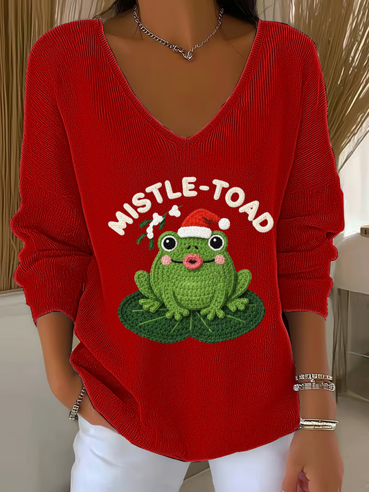 Women's Frog Christmas Mistle Toad Art Print V-Neck Ribbed Top