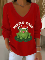 Women's Frog Christmas Mistle Toad Art Print V-Neck Ribbed Top