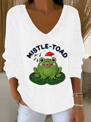 Women's Frog Christmas Mistle Toad Art Print V-Neck Ribbed Top