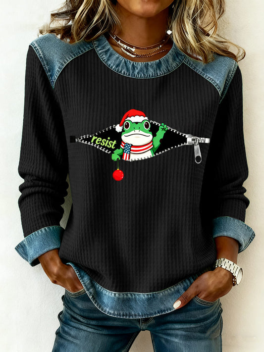 Women's Merry Resistmas Resist Frog Denim Patchwork Top