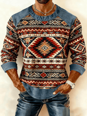 Men's Vintage Western Denim Patchwork Printed Sweatshirt