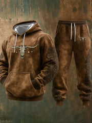 Men's Western Style Bull Art Print Casual Hooded Trousers Two-Piece Set