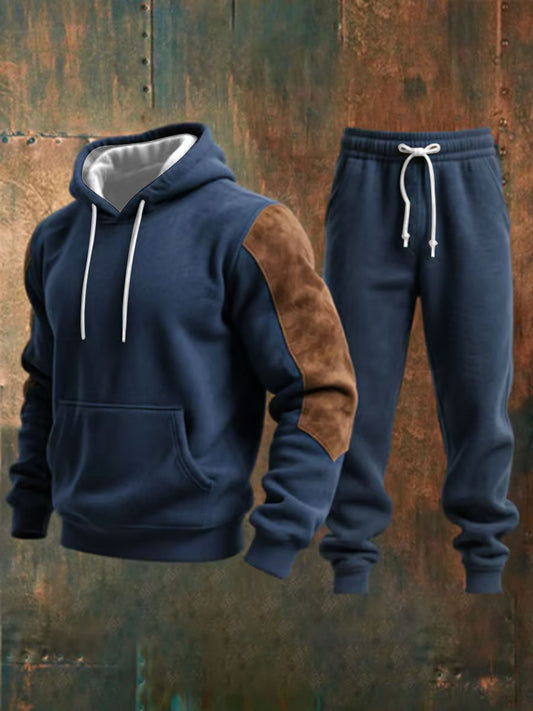 Men's Retro Casual Color Block Hoodie Set
