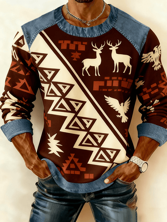 Men's Vintage Western Denim Patchwork Printed Sweatshirt
