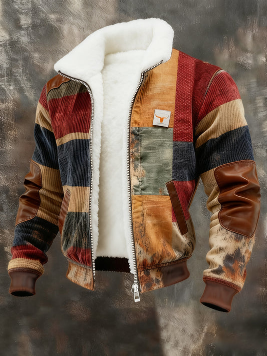 Men's Retro Color Block Print Casual Fur Collar Zip-up Sweatshirt