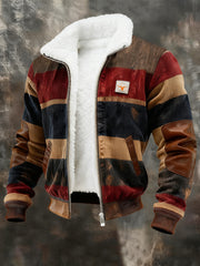 Men's Retro Color Block Print Casual Fur Collar Zip-up Sweatshirt