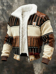 Men's Retro Color Block Print Casual Fur Collar Zip-up Sweatshirt