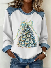 Women's Seashell Christmas Tree Denim Patchwork Top