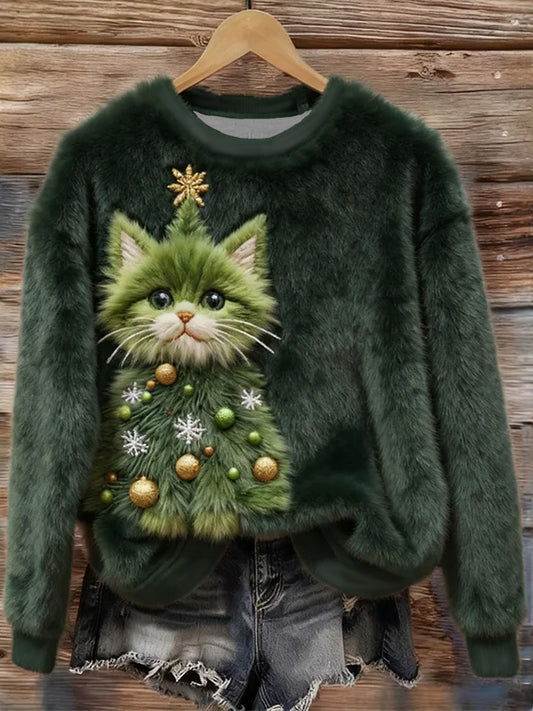 Women's Funny Christmas Tree Cat Cozy  Flannel Hoodie