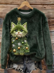 Women's Funny Christmas Tree Cat Cozy  Flannel Hoodie