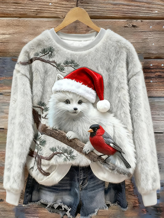 Women's Christmas Foxes And Birds Art Pattern Flannel Hoodie