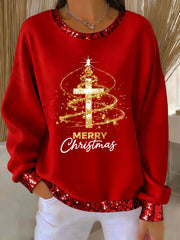 Women's Merry Christmas Faith Cross Print  Ribbed Round-Neck Sweatshirt
