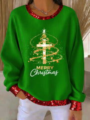 Women's Merry Christmas Faith Cross Print  Ribbed Round-Neck Sweatshirt