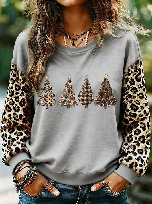 Women's Leopard Christmas Tree Print Casual Sweatshirt