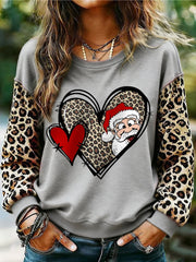 Women's Christmas Leopard Santa Claus Love Heart Print Casual Sweatshirt