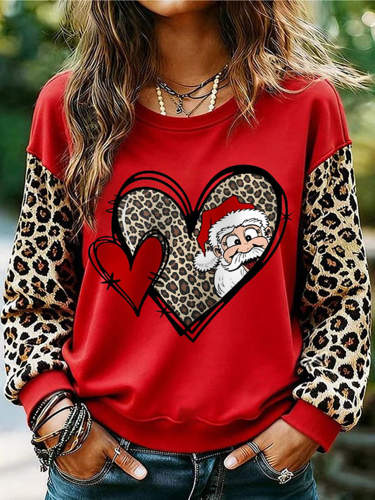 Women's Christmas Leopard Santa Claus Love Heart Print Casual Sweatshirt