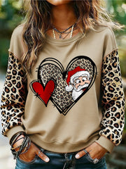 Women's Christmas Leopard Santa Claus Love Heart Print Casual Sweatshirt